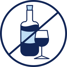 Cercle barré contenant une bouteille de vin et un verre à pied.