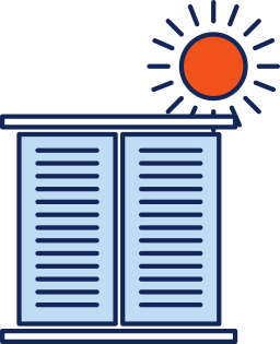 Fenêtre aux volets fermés surplombée par un soleil rouge.